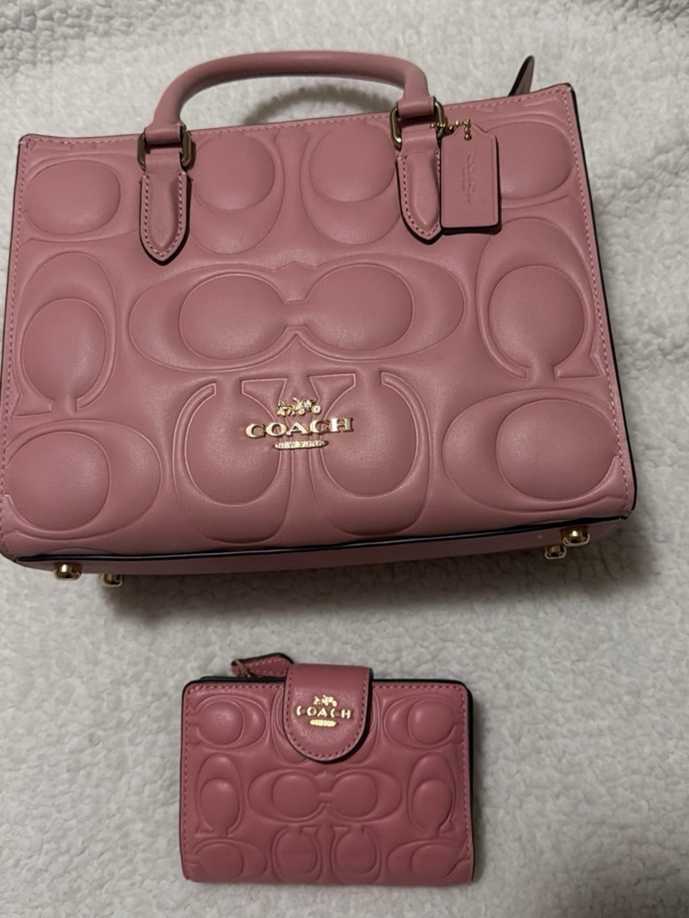 Coach Pink Embossed Leather Satchel with Matching Wallet